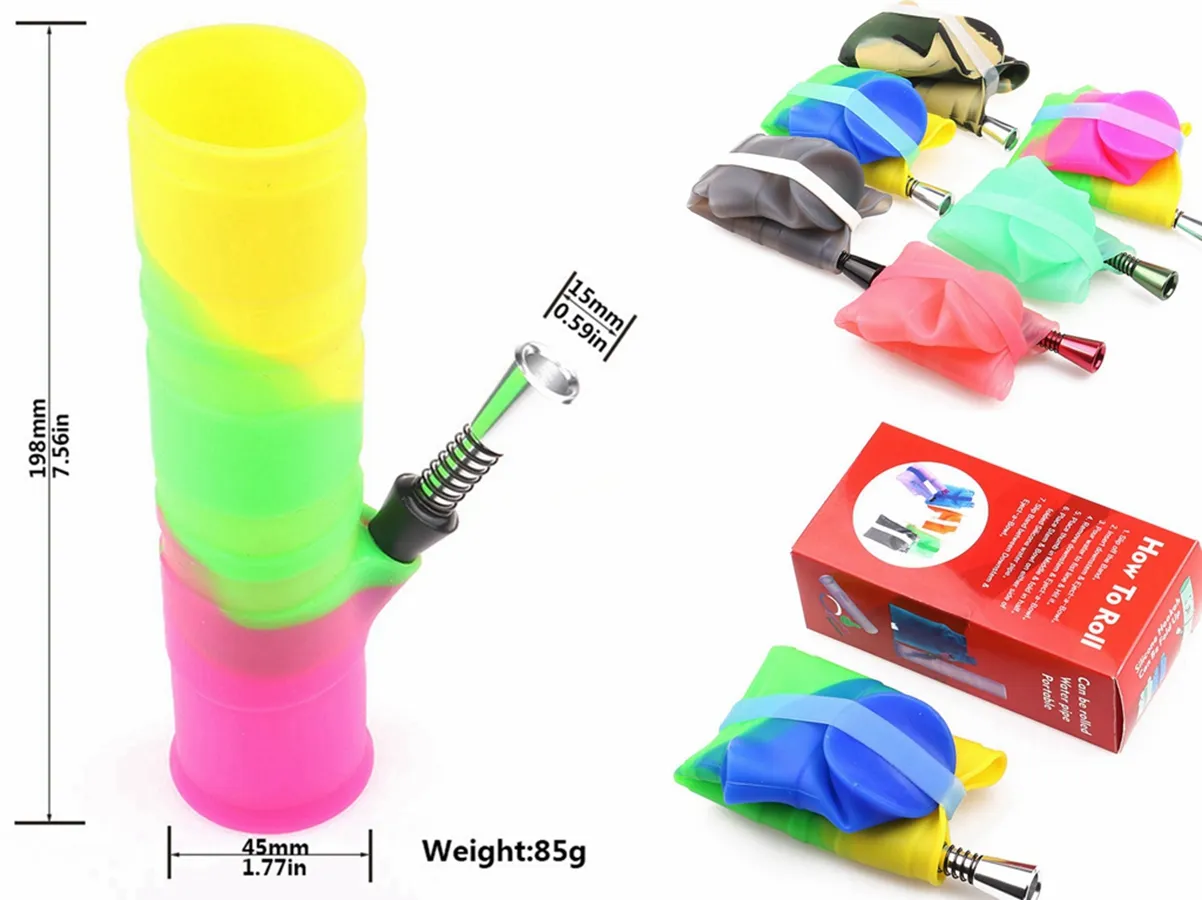 DHL LIBERA il trasporto 198MM portatile infrangibile Bong Shisha Narghilè Silicone Fumatori Tubi d'acqua Lavabile Pieghevole Colore arcobaleno