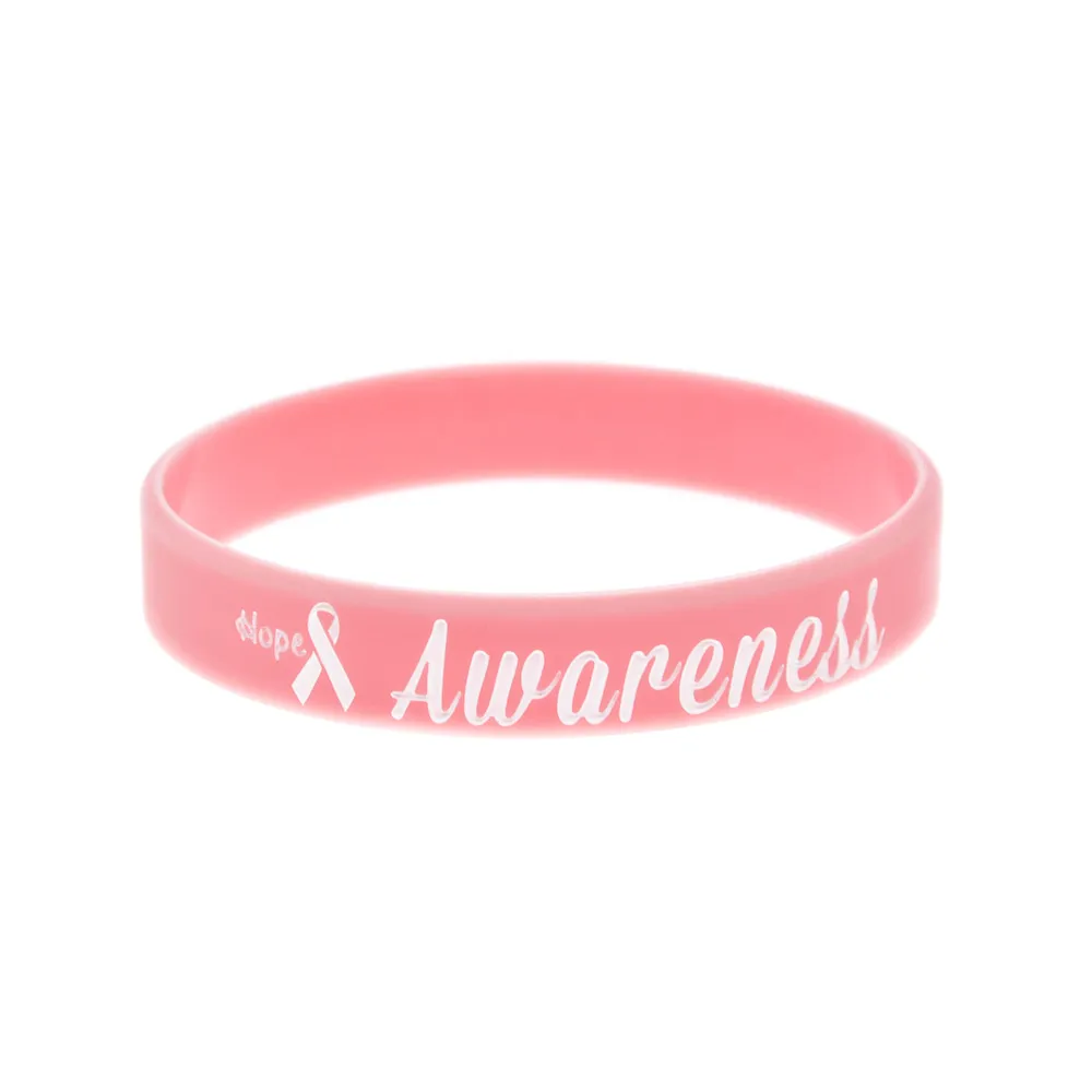 Hope Ribbon Consapevolezza del cancro al seno Bracciale in gomma siliconica inciso e riempito di colore rosa adulti