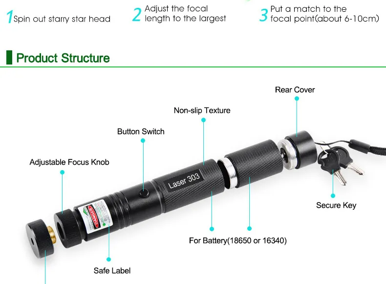 Neue Laserpointer 303 grüner Laserpointer 532 nm einstellbarer Fokus Akku und Ladegerät EU US VC081 0,5 W SYSR