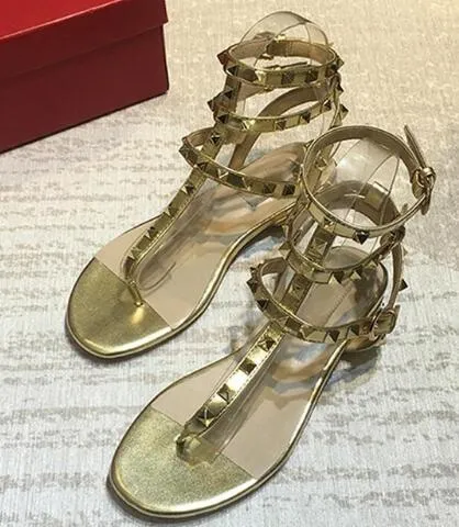 2018 or argent véritable cuir Rivet gladiateur sandales femme bout ouvert trois ceintures cheville à bretelles appartements femmes chaussures de fête