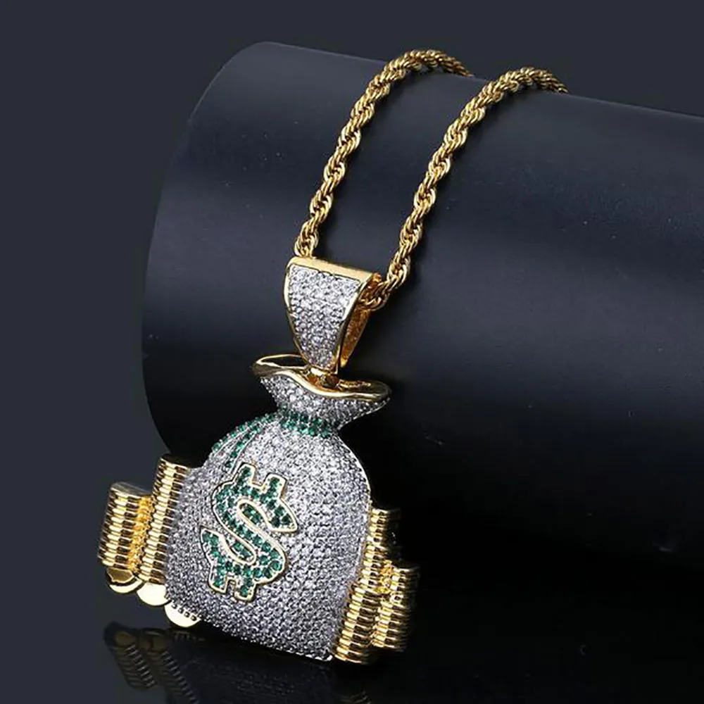 Homens cz cifrão saco de dinheiro bling pingente micro pave congelado out cubic zirconia pingente de colar de hip hop jóias com caixa de presente