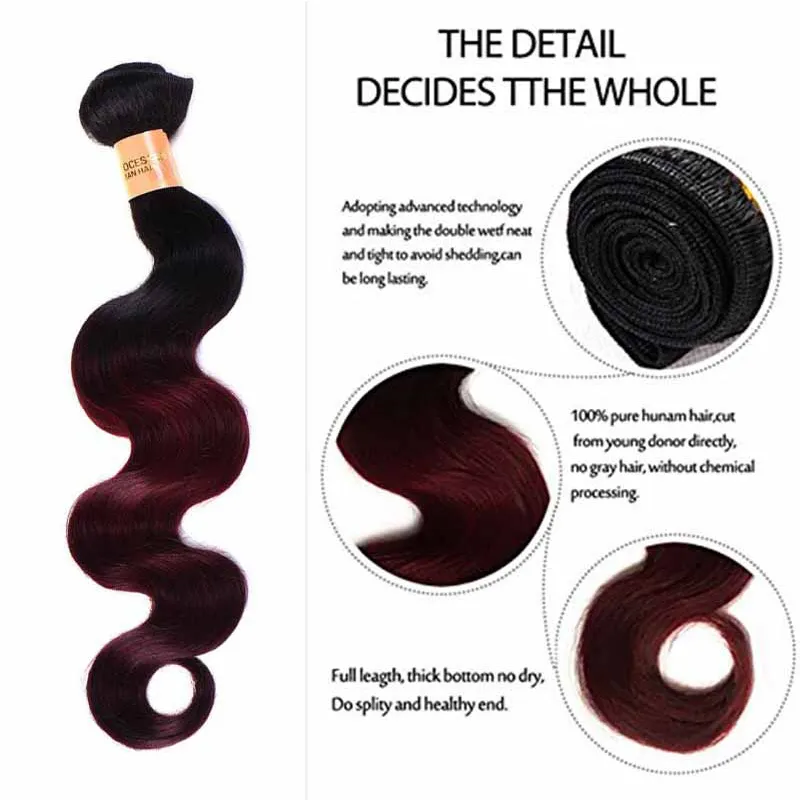 Ombre Capelli Vergini Brasiliani Tesse Fasci Two Tone 1B99J Vino Rosso Brasiliano Peruviano Malese Onda Del Corpo Estensioni Dei Capelli Umani2073880