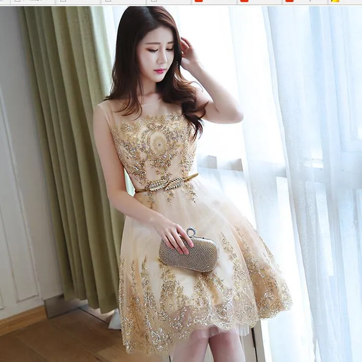 Gold Lace Gold Short Dress For Wedding Champagne Gold Glitter