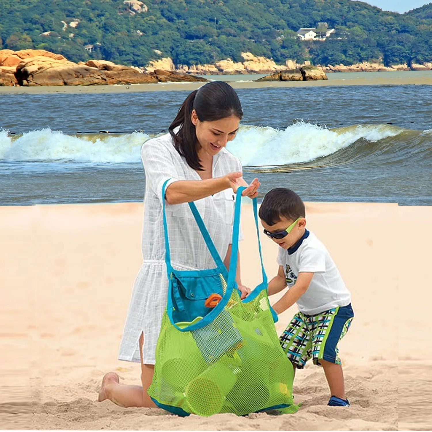 Grande NIÑOS BOLSAS DE PLAYA ARENA AJUSTE DE LA Malla Bolsa de Niños