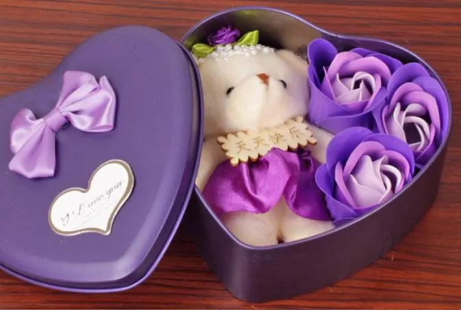 Soap Flower Bear Doll Heart Box For Romantic Valentine Day Gift Home Decoration Arts And Crafts Multi Colour SN1040