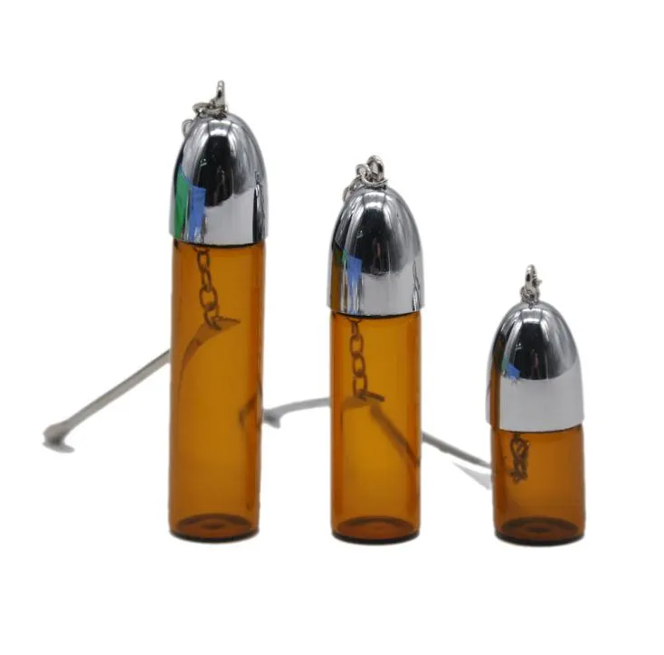 Mini Small Size Silver Clear Brown 36mm 57mm 72mm Glas Snuff Pill Box Flaska med metallsked Spice Bullet Rocket Snorter Case SN1277