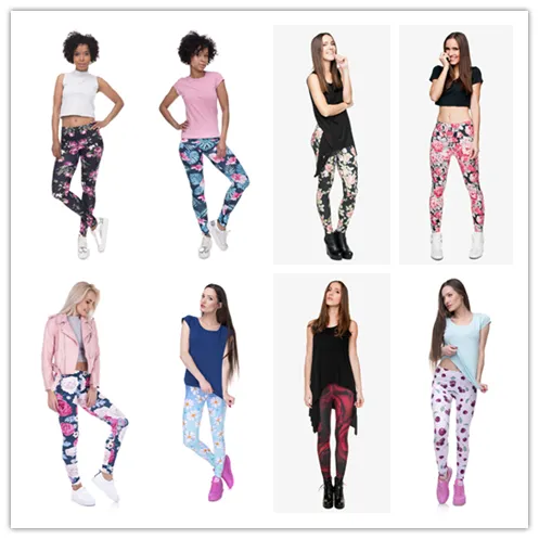 DHL GRATIS!! 10 stks/partij Leggings Vrouwen Bloem Fruit Printing Yoga Work Out Leggings Rekbare Broeken Leggings 8 stijlen Multicolor Broeken