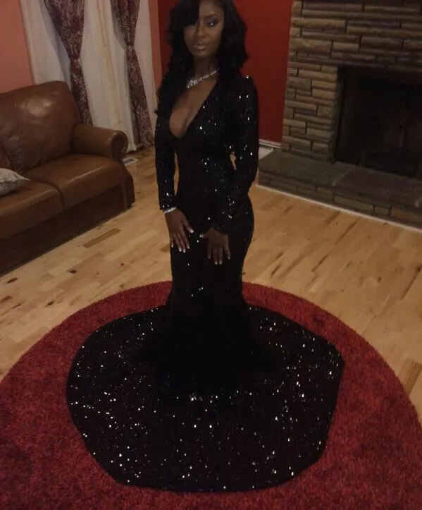 Bling Bling Black Girls 2018 Robes longues à paillettes Robes de bal sirène Manches longues Robes de soirée formelles Robes de soirée robes de bal