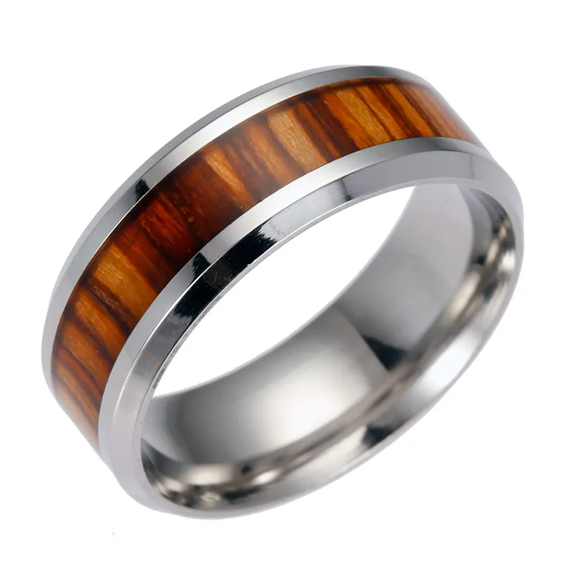 Anillos de madera de acero inoxidable para hombre, anillo de acero de titanio y madera de alta calidad para hombre, joyería de moda a granel