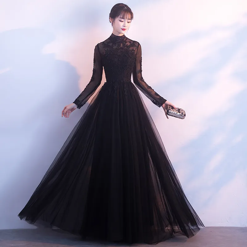 Qatar 2024 Anpassa högkvalitativ ny svart långärmad aftonklänningar handgjorda decal Pearl Long Winter Ball Dresses HY021