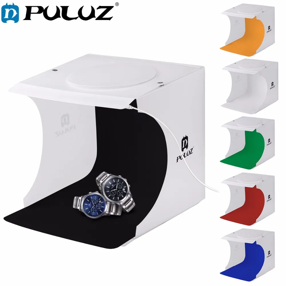 Puluz 20 * 20cm 8 Mini Folding Studio diffus Soft Box Lightbox med LED Ljus Svart Vit Fotografi Bakgrund Foto Studio Box