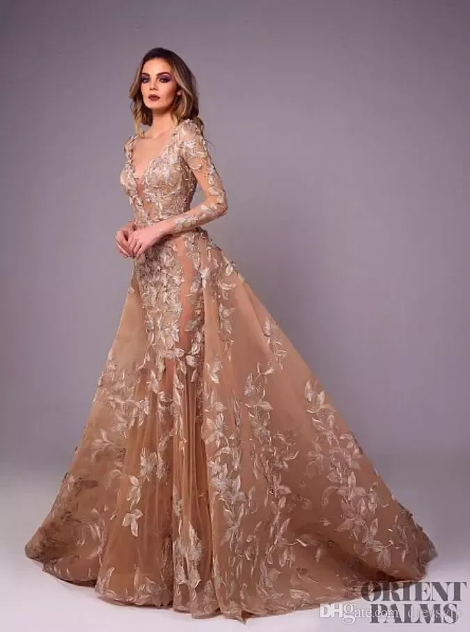 tony chaaya evening dresses Tony Chaaya Champagne Crystal Mermaid embroidered evening gown with Overskirt and Detachable Train
