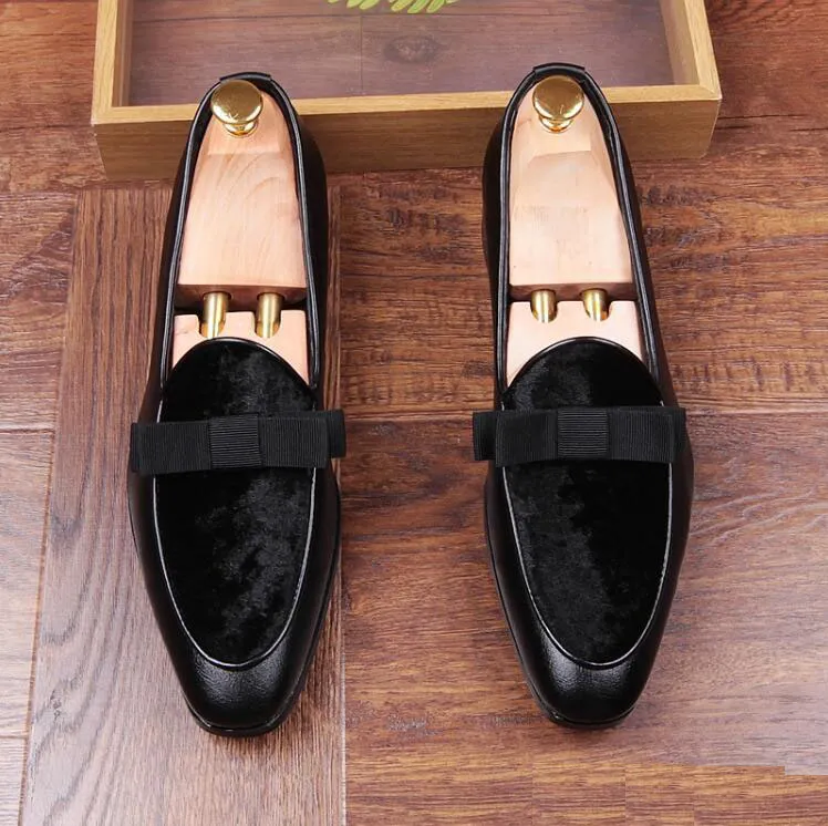 Hot sales Genuine Patent Leather And Nubuck Leather Patchwork With Bow Tie Men Wedding Black Dress Shoes Men's Banquet Loafers