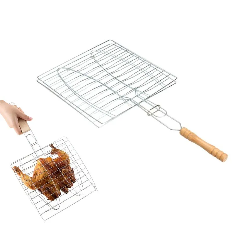 Cartella con clip per barbecue Grill Cestino per carne di pesce singolo Barbecue 2 Cartella per arrosti per grigliare pesce con manico in legno Accessori da cucina