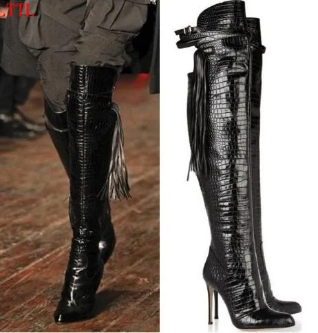 Bottes Femmes 2018 Fashion Women Shoes Stiletto High Heel Fringe Booties Pointed Toe Buckle Strap Black Leather Knee High Boots