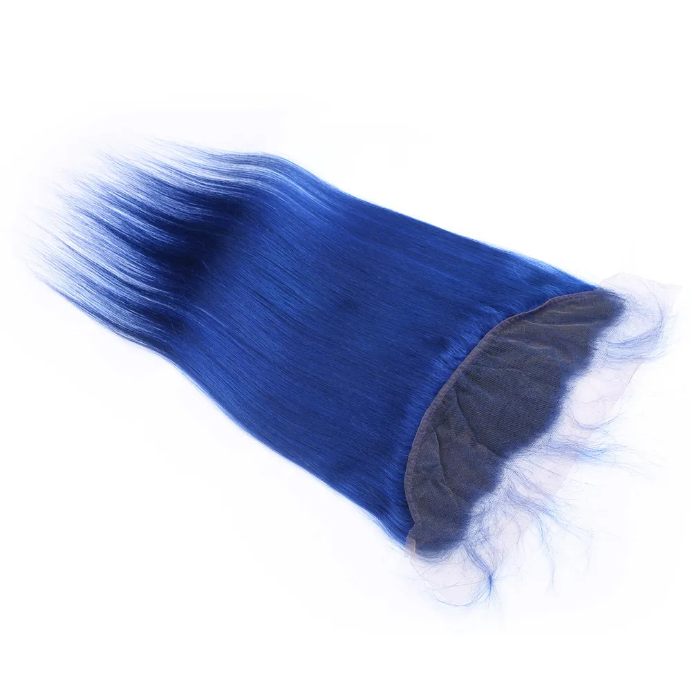 Peruaanse blauwe kleur Menselijk haar weeft extensions met frontaal Recht Donkerblauw Maagdelijk haarbundels Deals met 13x4 kanten frontale sluiting