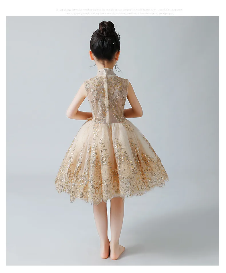 Sparkly Gold Sequined Flower Girls Dresses for Weddings Beaded Short Toddler Pagant Gowns High Neck Knee Length Tulle Kids Prom Dress