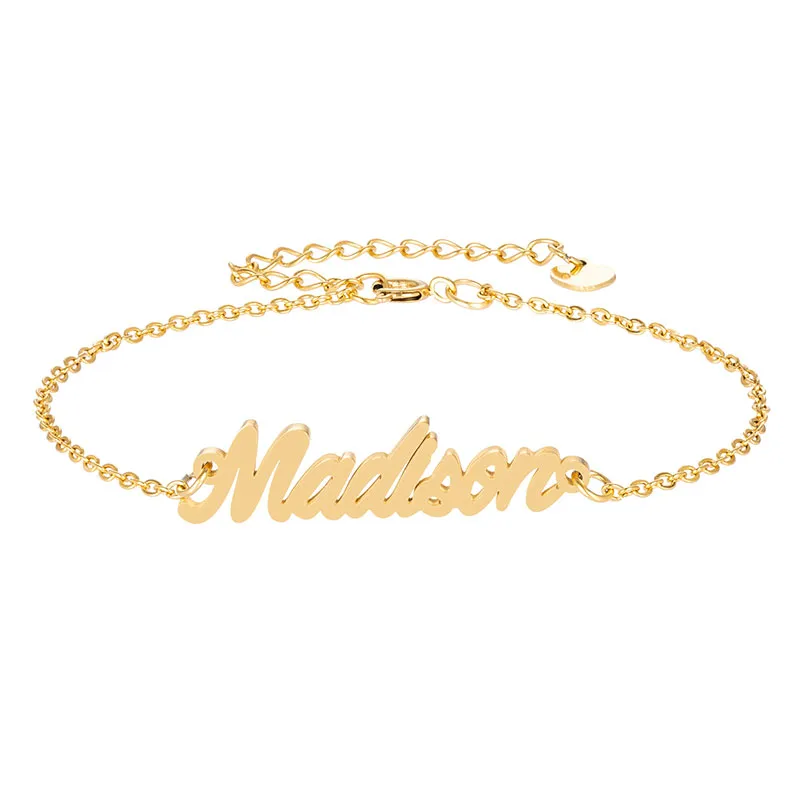 Braccialetti con ciondoli con incisione in acciaio inossidabile sulla targhetta "Madison" per donna, braccialetto personalizzato personalizzato, collegamento con ciondoli, regalo di Natale