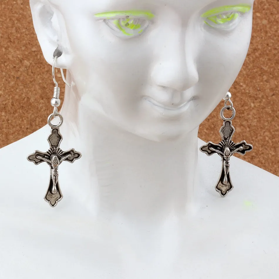 Jezus Chrystus Cross Kolczyki Silver Fish Ear Hook / Antyk Srebrny Żyrandol Biżuteria 17.5x49mm A-267E