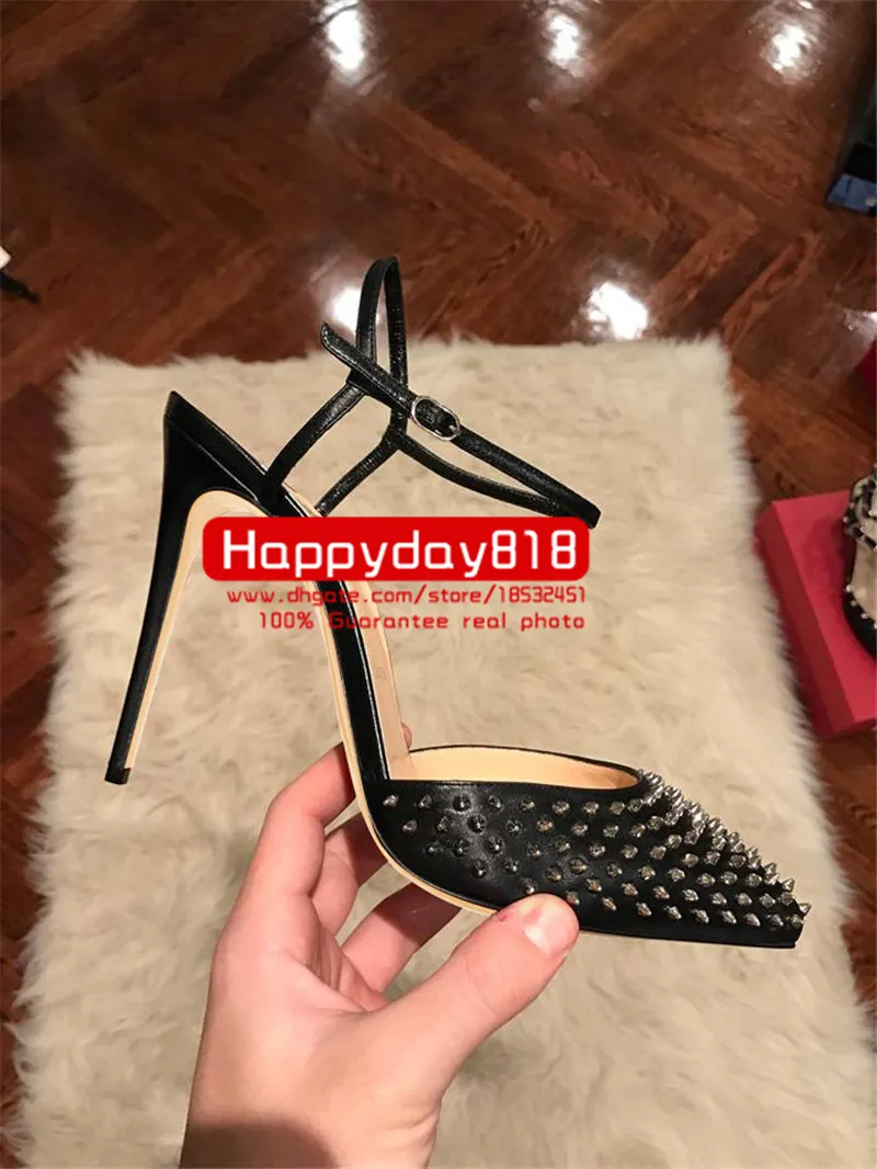 Dorywczo projektant Sexy Lady Moda Kobiety Buty Czarny Matt Skórzane kolce Spiczaste Toe Stiletto Stripper High Heels Slingback Zapatos Mujer Prom Evening Pompy