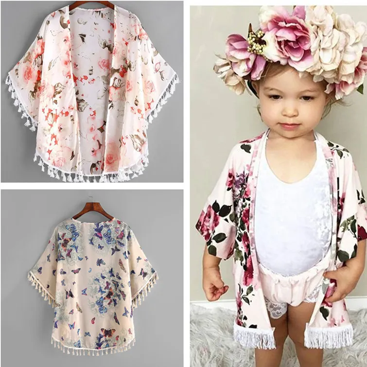 Moda 2018 Bebek Kız Giysileri Sevimli Yaz Ince Palto Toddler Kız Çiçek Püskül Kimono Şal Hırka Kıyafetler Bebek Çocuk Giyim Tops