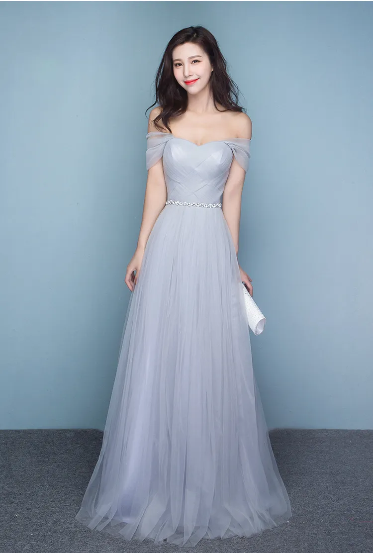 Off-Shoulder Silver Grey Grey bridesmaid dresses long with Shining Sash - Floor Length Wedding Party Dress for Plus Size Women - Customizable