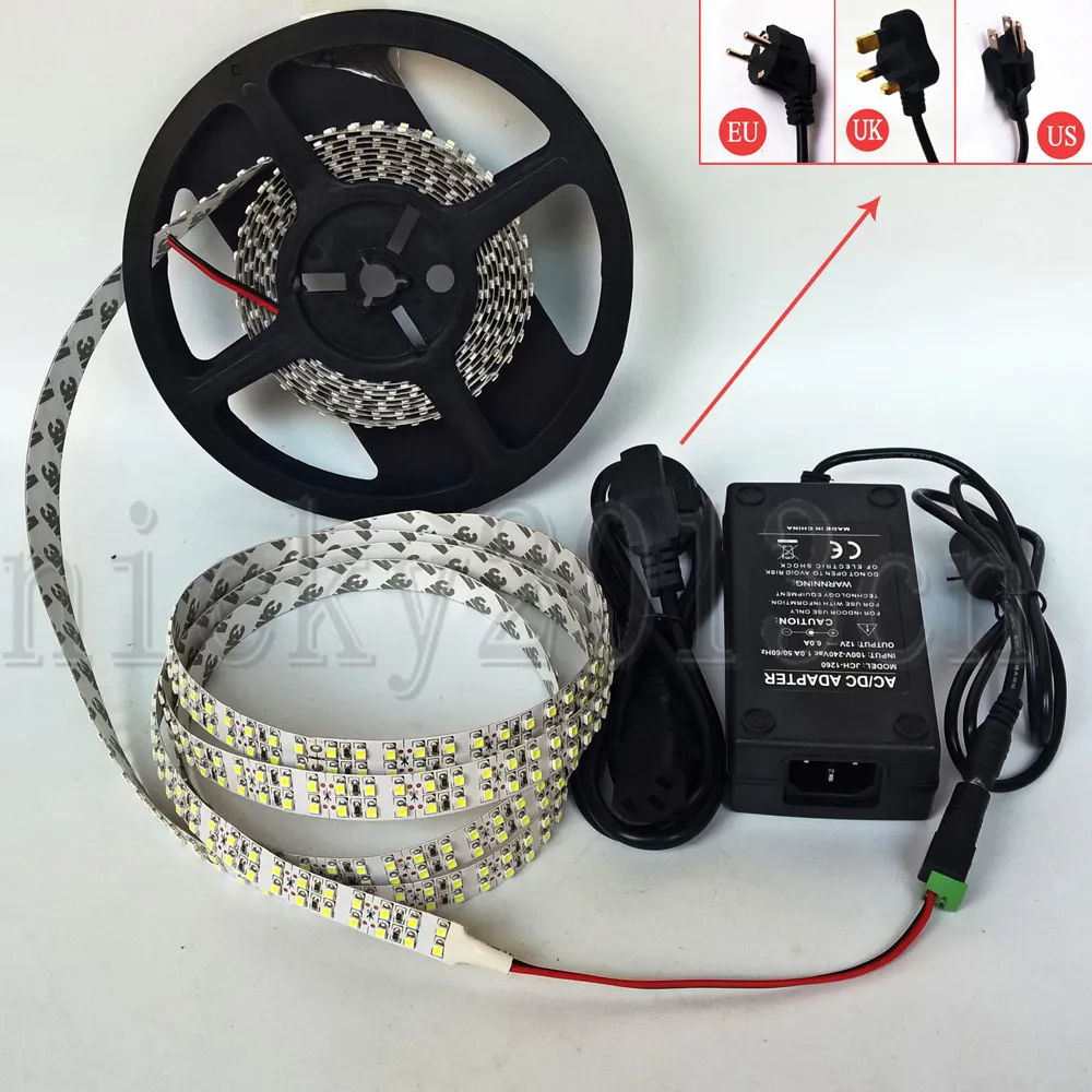 Kit Complet 5M 3528 LED Bande Lumineuse Flexible 1200LEDs Super Lumineux Double Rangée Non Étanche + Alimentation 12V 6A + Connecteur DC