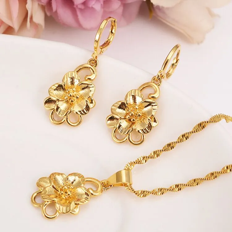 Ethiopian 24k Yellow Fine Gold Filled big Flower set women girls Jewelry Pendant Chain Earrings African Bride Wedding Flower Bijoux