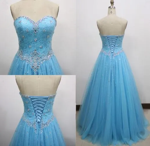 New Light Sky Blue Bridesmaid Dresses Sweetheart för bröllop Lace Tulle Long Plus Size Maid of Honor Grows Hög kvalitet