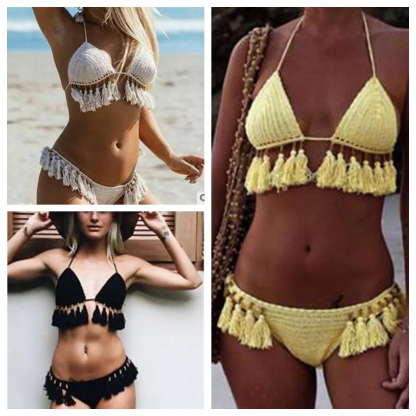 Crochet Bikini Tassel hecho a mano traje de baño de las mujeres Sexy verano traje de baño trajes de baño de moda de punto tankini crop top bragas ropa de playa B4083