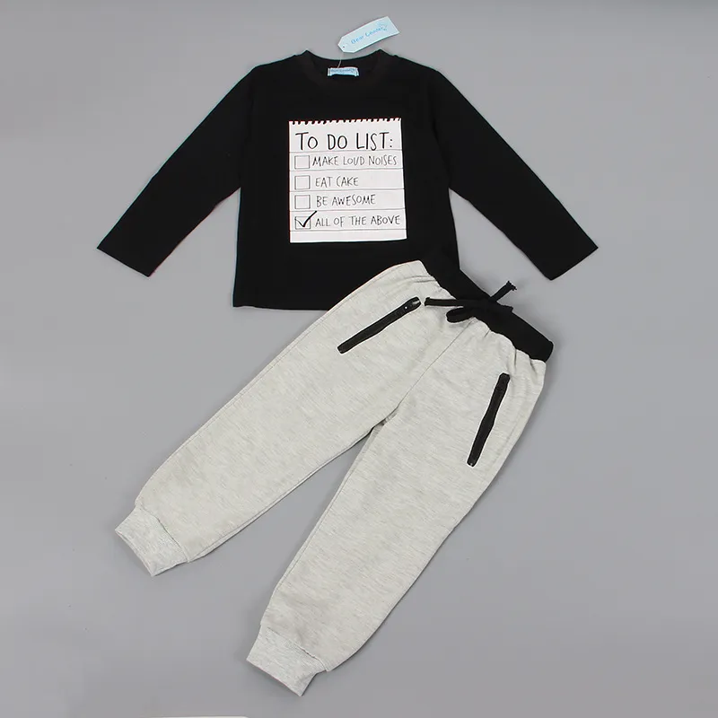 Conjunto de roupas de manga comprida para meninos, letras, camiseta, 2 peças, conjunto de roupas infantis para meninos, conjunto de roupas da moda para crianças