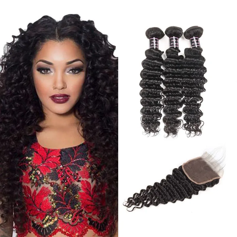 Ishow Silky Straight 28inch 3pcs Bundles With Closure Water Loose Wave 8A Brazilian Human Hair Extensions for Women Gilrs All Ages Black Color