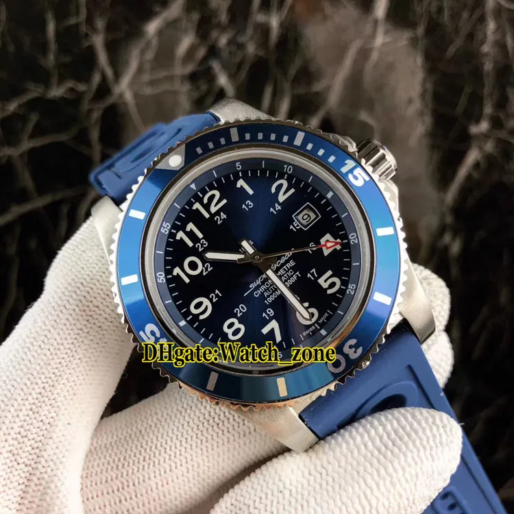 Diver Super Ocean II 44 A17392D8 Mostrador Azul Relógio Masculino Automático Azul Moldura Prata Caixa Pulseira de Borracha para Homens Esportes Relógios de Pulso