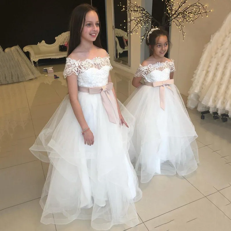 White Bateau Flower Girl Dresses Short Sleeves A-Line Birthday Gowns With Blush Pink Tiered Back Zipper Custom Made Formal Kid Party Gowns