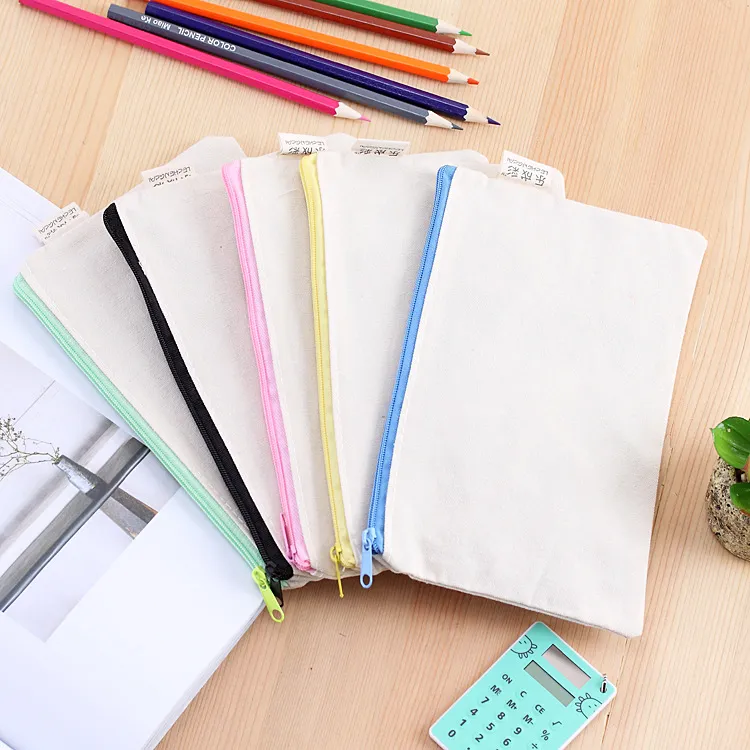 Wholesale Blank Canvas Zipper Pencil Bags Pure Cotton Pen Pouches