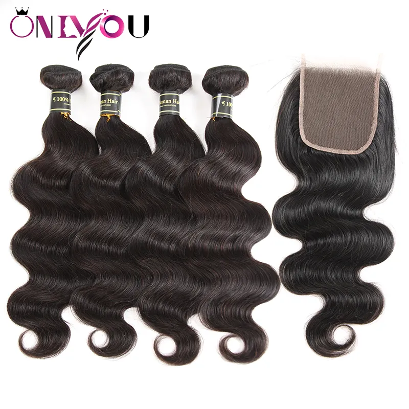 9A Peruvian Virgian Hish Hair Body Wave 4 Weaves Bundles with 4x4 Lace Closure حرير برازيلي الموجة