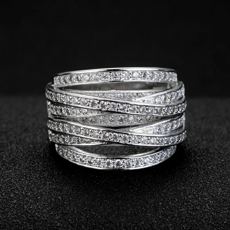 Vecalon Cross Vrouwelijke Ring Pave Setting 5A Zirkoon CZ Trouwringen voor Dames 10KT White Gold Filled Engagement Band Gift