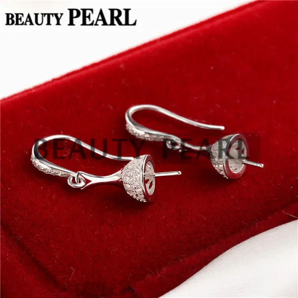 Earrings Setting for Round Pearls and Cabochon 925 Sterling Silver Zircons Hook Earring Findings 