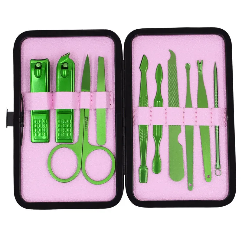 10 pezzi di strumenti manicure unghie in acciaio inossidabile Set kit nail art portatili tagliaunghie forbici sopracciglia pinzette coltello orecchio kit da viaggio