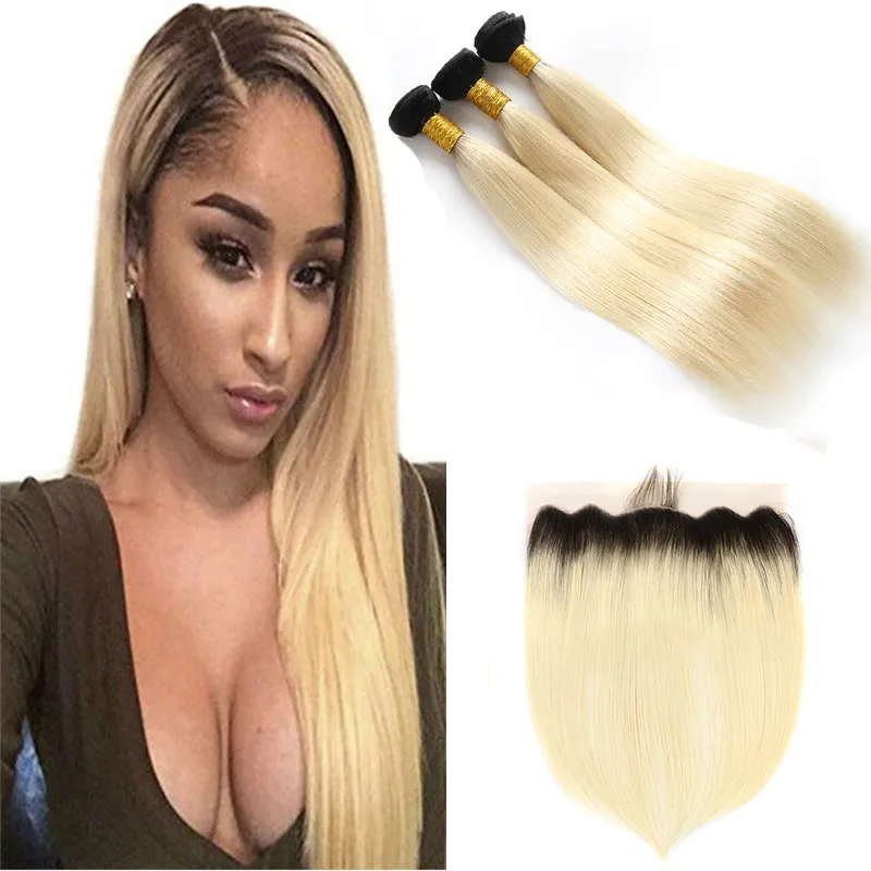 Brazylijska Blondynka Ombre Włosy Z Koronką Frontal Closure 13x4 Proste 1B 613 Dwa Ton Kolorowe Brazylijskie Ludzkie Włosy 3 Wiązki z Frontals