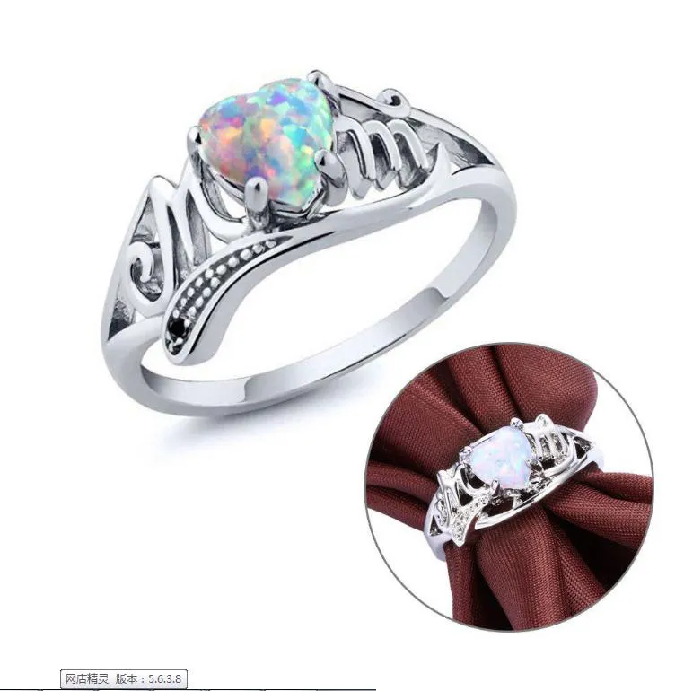 Love Mum Silver Fire Opal Ring Two Tone MOM Character Diamond Ring Jewelry Family Birthday Best Gift for Mother Mummy Party Wed