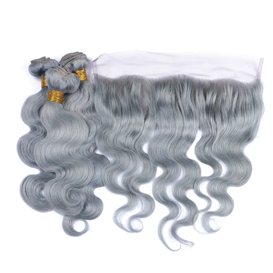 Peruanisches graues Haar weben 3 Bundles mit 13x4 Spitze Frontal Schließung Silber Grau Virgin Hair Extensions mit Verschluss Reine graue Körperwelle wellig