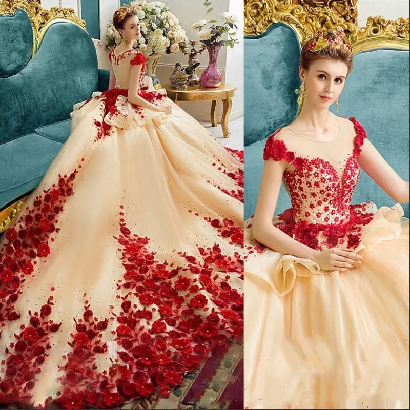 3D Applique Handmade Flowers Ball Gown Red Roses Quinceanera Dress