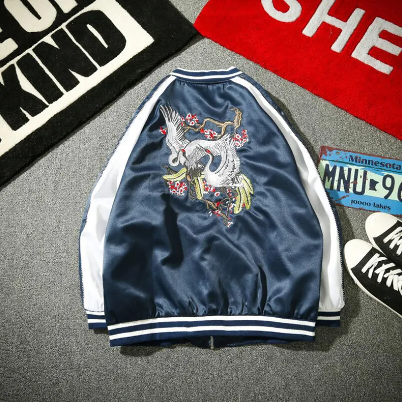 Embroidered Bomber Jacket Mens Satin Souvenir Jacket