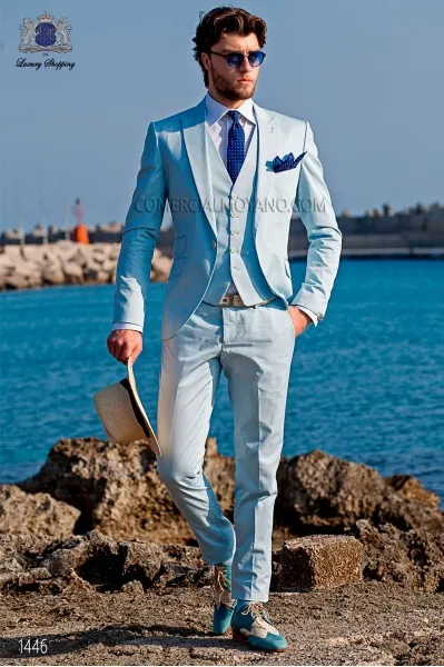 2018 Custom Made Spring Style 3 Piece Men Suits Light Blue Business Beach Wedding Suits For Men Groom Tuxedos Best Man Suit Groomsman