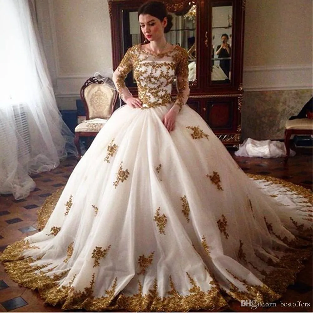 Luxury Lace Hemmed Puffy High Neckline Illusion Beaded Lace Appliqued Gold Lace Ball Gown Long Sleeves Best Seller Evening Gown