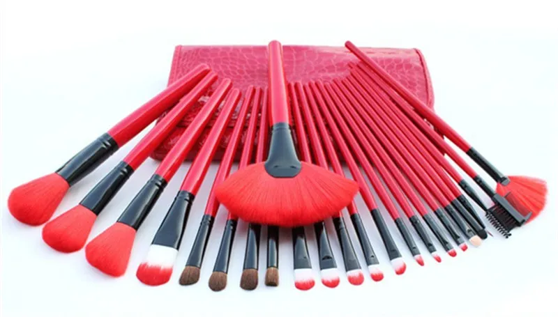 24 datorer Makeupborstar Set med läderväska kit röd svart färg professionell kosmetisk fodral läpp ögonskugga foundation smink penselverktyg