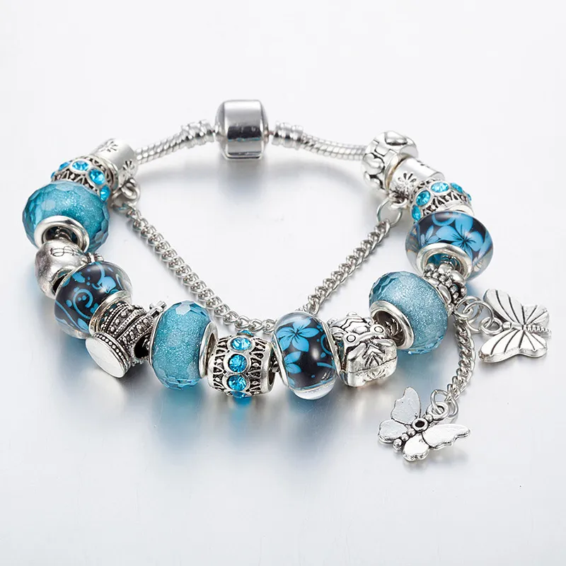 17 cm bis 21 cm langes, 925er Sterlingsilber vergoldetes Schmetterlings-Quasten-Anhänger-Armband für Pandora-Silber-Charm-Schlangenkettenarmbänder