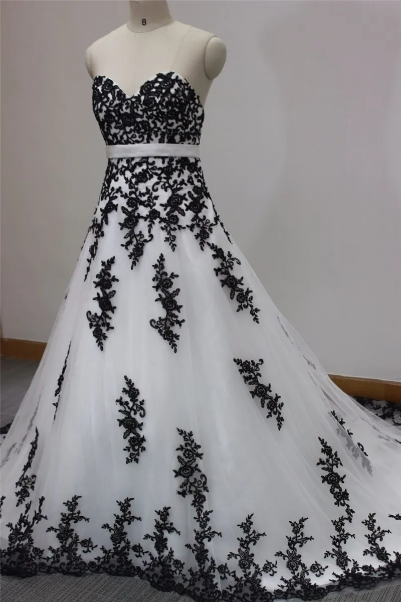 Weiße und schwarze Spitze Brautkleider Ballkleid mit schulterfreien Applikationen Partykleid Brautkleider QC1011