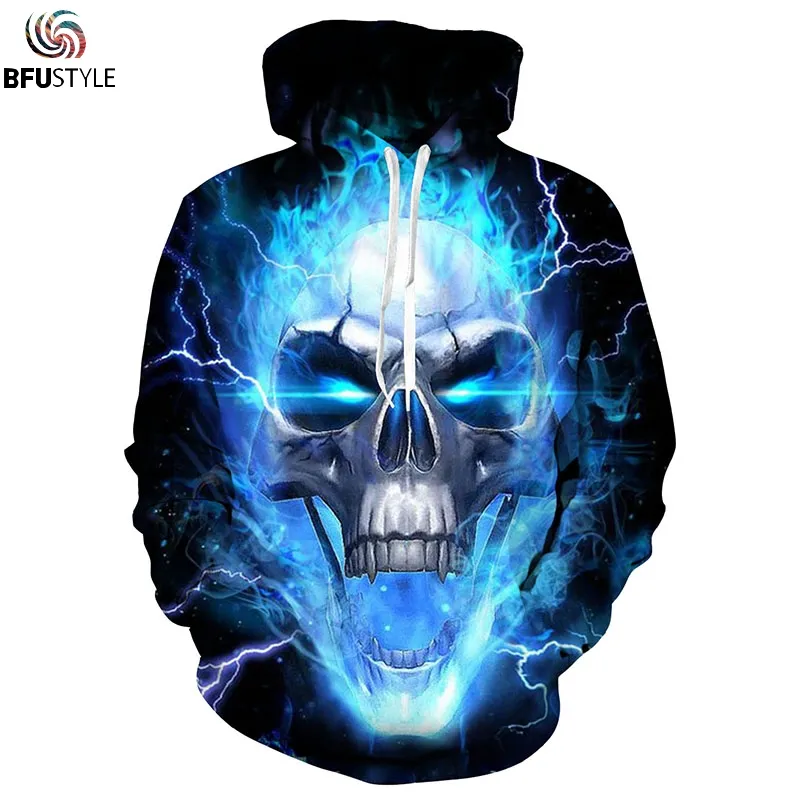 2018 Erkekler Kadınlar Mavi Alev İskelet Kafatası Hoodies 3D Hoodie Hoody Kazak Tişörtü Streetwear Eşofman Artı EUR BOYUTU S-3XL